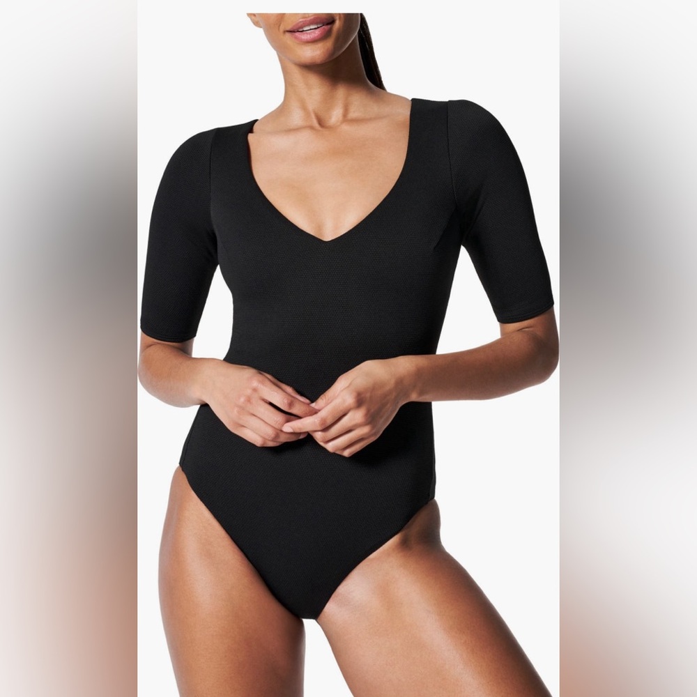 SPANX Pique Shaping Short Sleeve One-Piece Rashguard Swimsuit, X-Small, $198